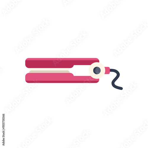 Pink hair straightener with cord lying on white background, styling tool for straightening hair