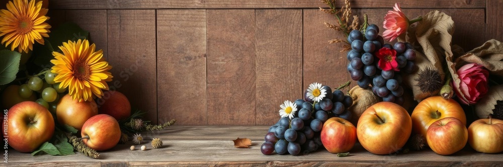 Autumn themed fruit still life with fresh apples, grapes, and flowers surrounding an empty space for message, rustic, still life Autumn themed fruit still life with fresh apples, grapes, and flowers surrounding an empty space for message, rustic, still life