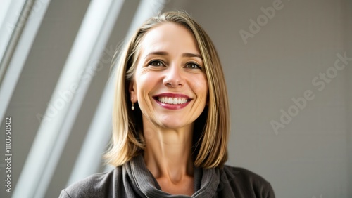 Professional Woman Smiling Confidently in Office Setting, Perfect for Business Marketing or Inspirational Content photo