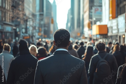 Anonymous Businessman in Sunlit Urban Crowd