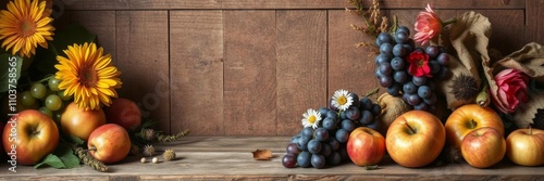 Autumn themed fruit still life with fresh apples, grapes, and flowers surrounding an empty space for message, rustic, still life photo