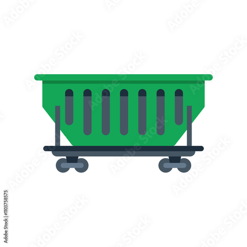 Green mining dump car carrying coal on rails side view isolated on white background