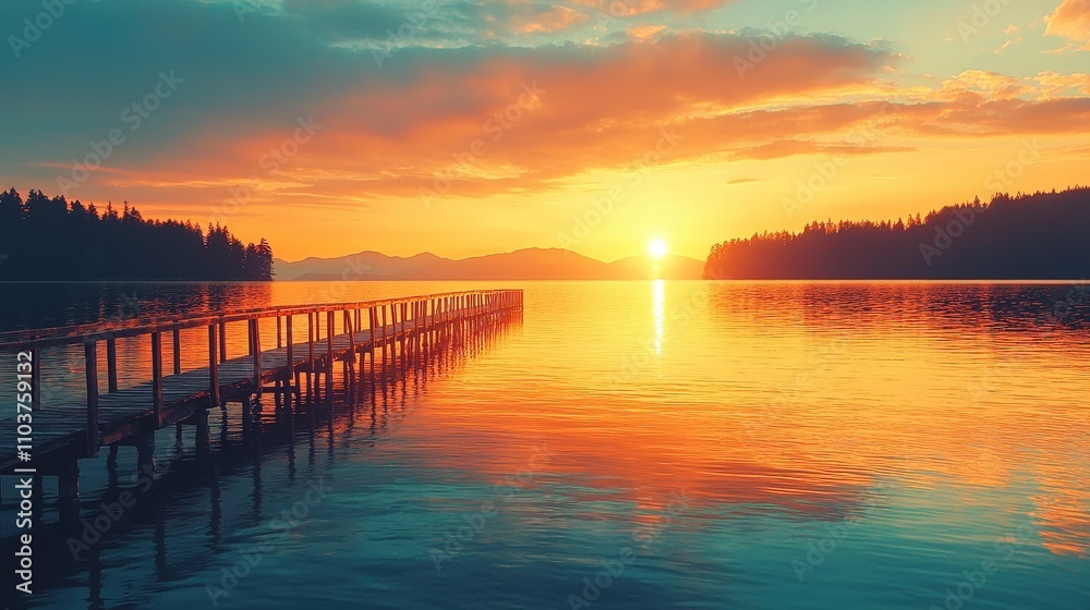 A serene sunset over calm waters, with a wooden pier extending into the lake, surrounded by lush greenery and distant mountains, creating a tranquil scene. A serene sunset over calm waters, with a wooden pier extending into the lake, surrounded by lush greenery and distant mountains, creating a tranquil scene.