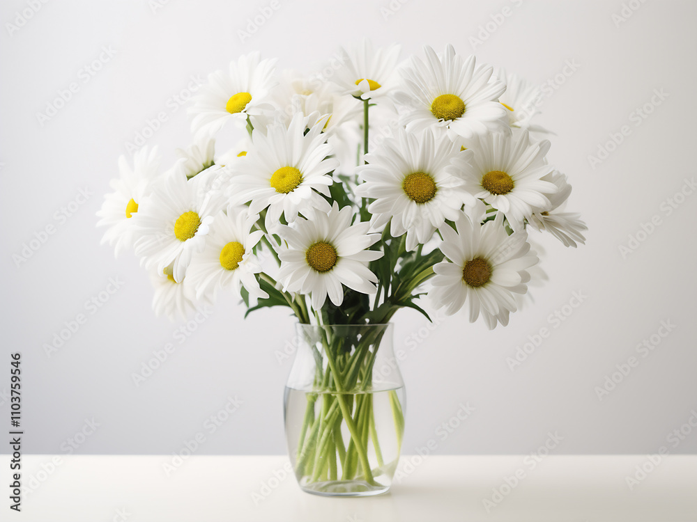 Fresh white daisies in a clear glass vase on a clean white background Fresh white daisies in a clear glass vase on a clean white background