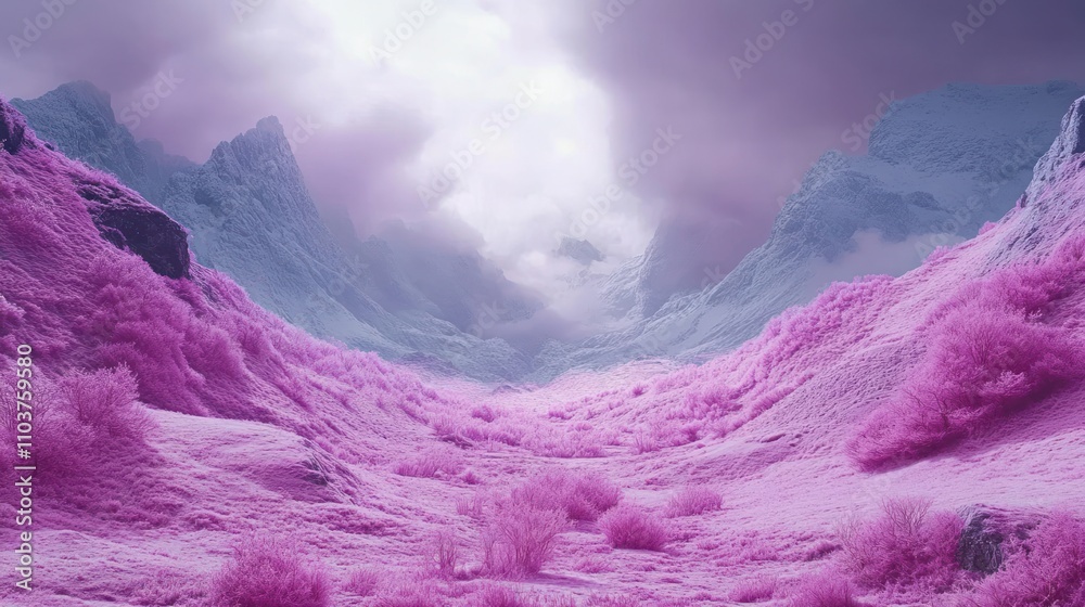 Fototapeta premium A surreal landscape with vibrant pink vegetation and snow-capped mountains under a cloudy sky.