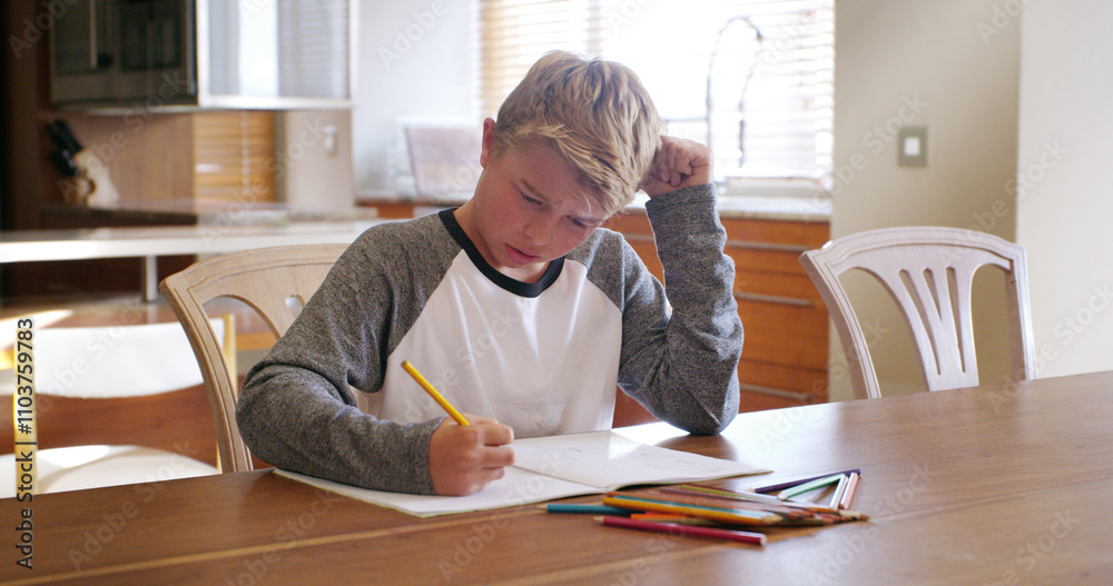 Boy child, writing and confused with homework, thinking or brain fog for solution, learning or study. Kid, paper and problem solving for education, anxiety or adhd with school project in family house Boy child, writing and confused with homework, thinking or brain fog for solution, learning or study. Kid, paper and problem solving for education, anxiety or adhd with school project in family house