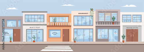 Grocery store illustration. Shopping complex, Shopping plaza. Galleria. Shopping arcade. Shopping precinct. Parade of shops. Commercial center. Market. 