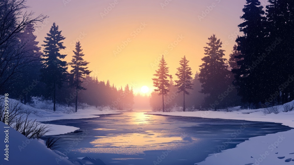 Serene winter landscape at sunrise with a frozen river reflecting warm hues and silhouetted evergreen trees, ideal for scenic backgrounds or banners Serene winter landscape at sunrise with a frozen river reflecting warm hues and silhouetted evergreen trees, ideal for scenic backgrounds or banners