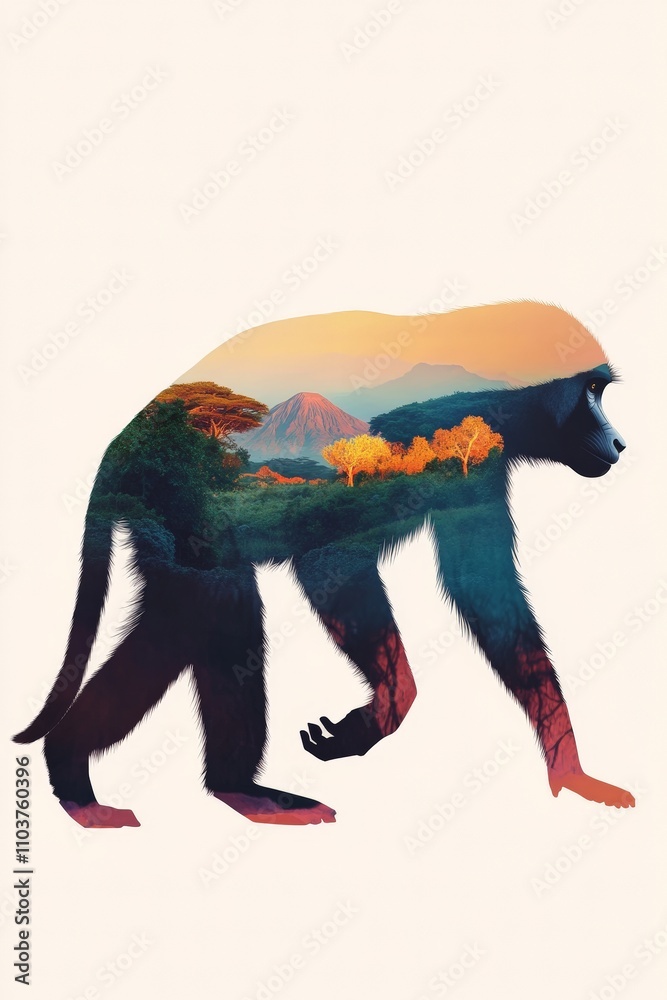 Obraz premium Creative Double Exposure of a Monkey Silhouette with Scenic Landscape, Nature and Wildlife Illustration, Stunning Art for Environmental Themes