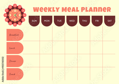 Weekly meal planner template. Horizontal format A4