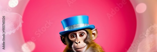 Playful monkey in blue top hat against pink background. Creativity, fun, and curiosity concept. Website copy space banner photo