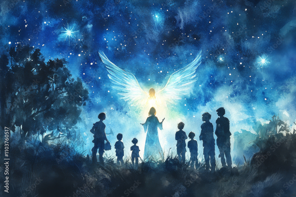 In this digital watercolor painting, a bright angel stands before a group of shepherds, with the heavenly glow casting light on their faces. The angel delivers the joyous news of Jesus' birth, and the In this digital watercolor painting, a bright angel stands before a group of shepherds, with the heavenly glow casting light on their faces. The angel delivers the joyous news of Jesus' birth, and the