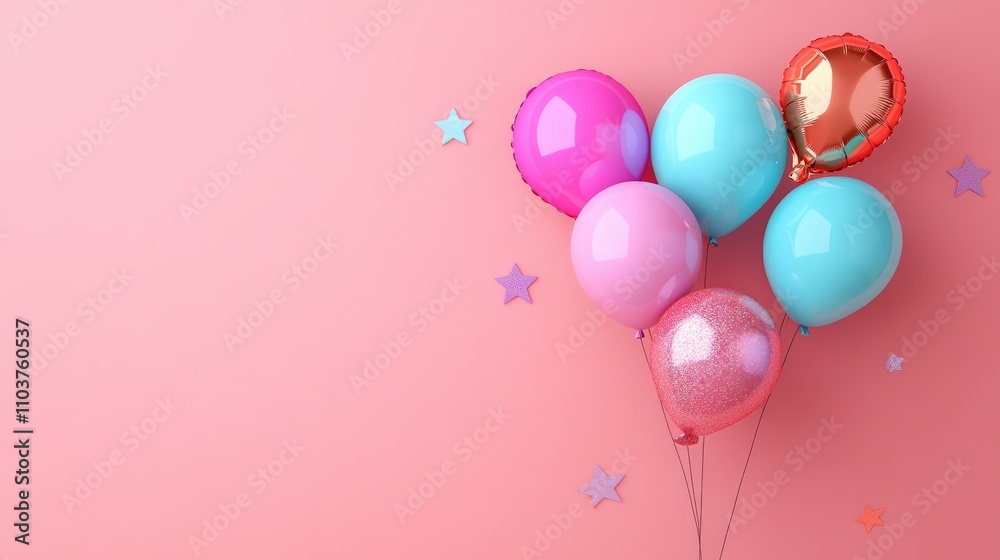 Colorful balloons and star accents against a soft pink background, featuring shimmering textures and ample space for adding text elements. Colorful balloons and star accents against a soft pink background, featuring shimmering textures and ample space for adding text elements.
