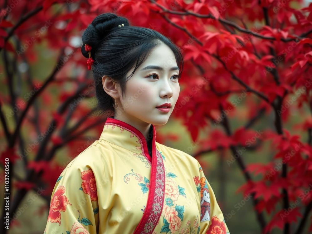 Chinese woman with traditional outfit standing in front of vibrant red trees in an AI generated image, AI, image Chinese woman with traditional outfit standing in front of vibrant red trees in an AI generated image, AI, image