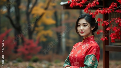 Chinese woman with traditional attire standing in a serene forest surrounded by red autumn trees, ai, attire