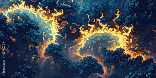 Abstract Fractal Fire and Ice, Fiery Fractal Forest Night, Fractal Lightning Storm, Magical Forest Illustration