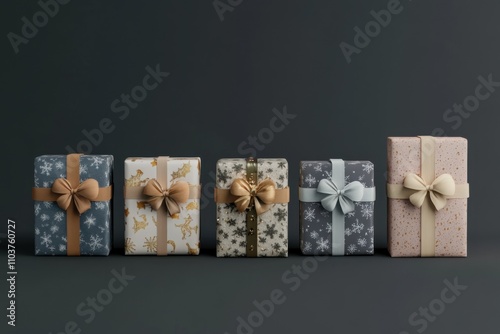 festive Christmas gifts, presents boxes in a row 3d photo