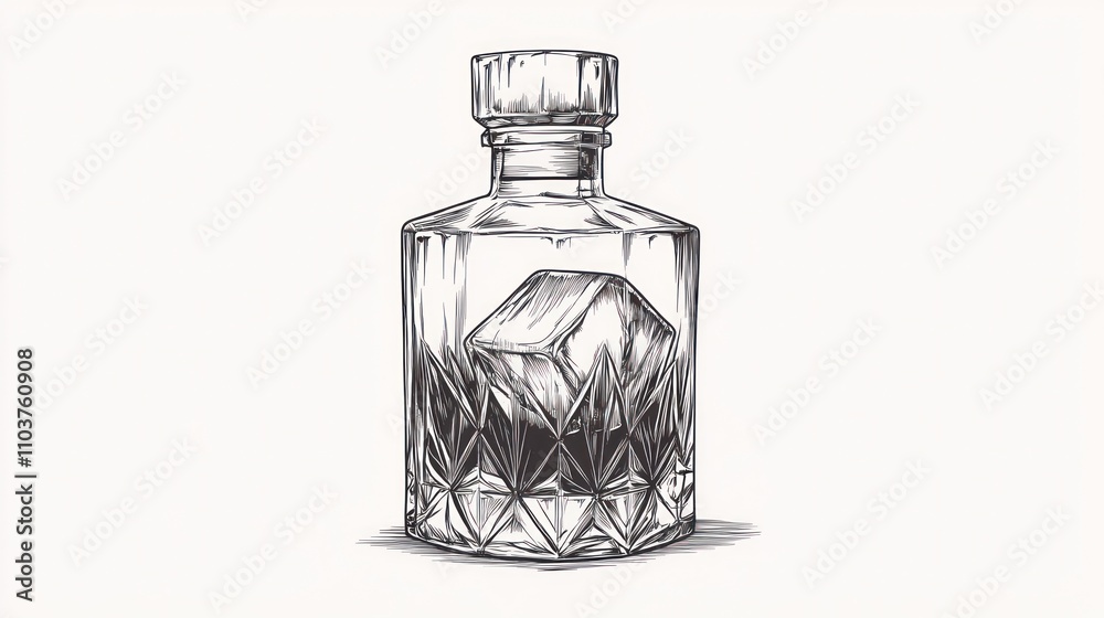 A clear glass bottle with a diamond-patterned base containing a single ice cube. A clear glass bottle with a diamond-patterned base containing a single ice cube.