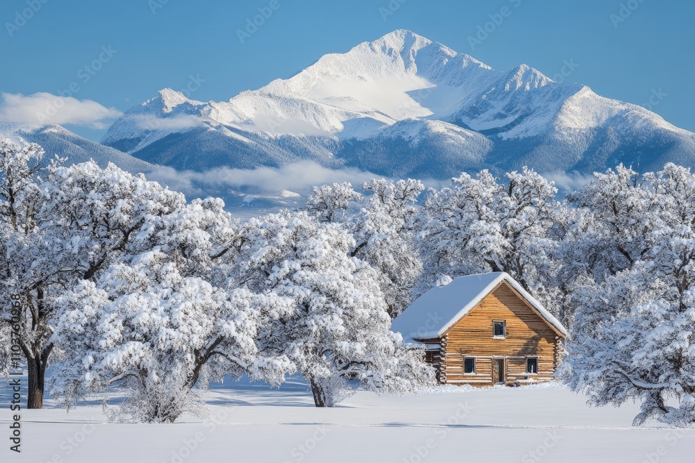 Cozy Wooden Cabin Surrounded by Snowy Trees and Majestic Mountains in Winter Wonderland Landscape Cozy Wooden Cabin Surrounded by Snowy Trees and Majestic Mountains in Winter Wonderland Landscape