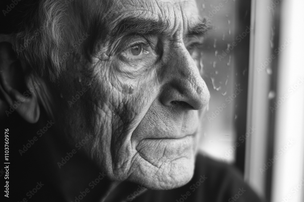 Contemplative Elderly Man Gazing Out the Window in Black and White - Expressive Portrait of Aging, Reflection, and Emotion Contemplative Elderly Man Gazing Out the Window in Black and White - Expressive Portrait of Aging, Reflection, and Emotion
