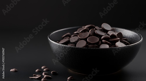 A bowl of dark chocolate chips on a black surface, ideal for baking or snacking.