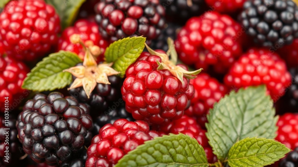 Close up of a vibrant bunch of blackberries with red berries, blackberry, fruit Close up of a vibrant bunch of blackberries with red berries, blackberry, fruit