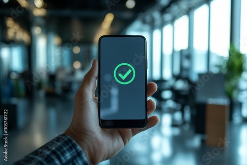 A sharp photo of a confirmation message for a completed registration process on a smartphone, showing a green checkmark icon, with the device held against a blurred office background. 