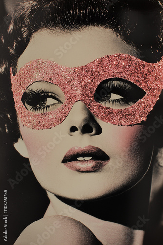 starlet woman in pink masquerade glitter mask vintage collage design for party or new years eve