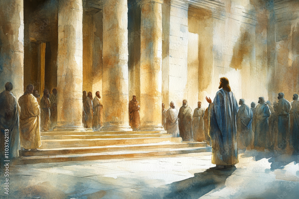 Jesus standing in front of the Temple, speaking to the people with authority and love. The watercolor uses warm earth tones, golden light, and soft blues to create an atmosphere of reverence and Jesus standing in front of the Temple, speaking to the people with authority and love. The watercolor uses warm earth tones, golden light, and soft blues to create an atmosphere of reverence and