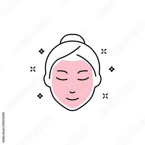 Woman with Facial Sparkle Mask Line Icon. Beauty Cosmetic Face Mask for Girl Linear Pictogram. Female Face Skin Care Outline Icon. Relax Spa