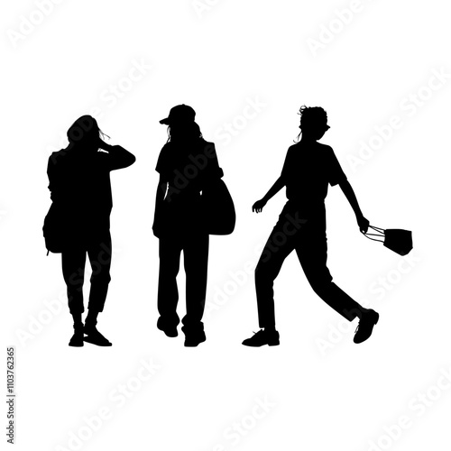 Silhouette of three women standing in pose with a bag