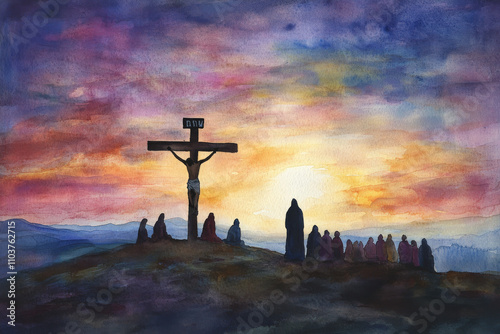 A peaceful yet poignant watercolor depiction of the Crucifixion, with Jesus silhouetted against a glowing twilight, while mourners kneel in prayer at the foot of the cross photo