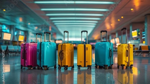 Row of Colorful Suitcases in an Airport Waiting Room: Anticipation and Excitement of Travel