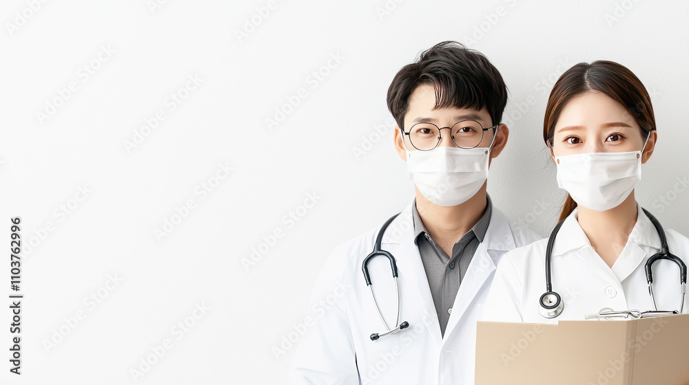 A Doctor Medicine chinese treatment concept. A professional duo in white coats and masks, standing against a plain background, holding a cardboard box, symbolizing healthcare and teamwork. A Doctor Medicine chinese treatment concept. A professional duo in white coats and masks, standing against a plain background, holding a cardboard box, symbolizing healthcare and teamwork.