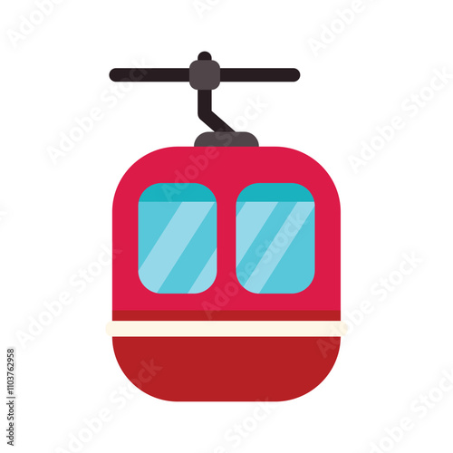 Red cable car moving upwards, designed in a flat style