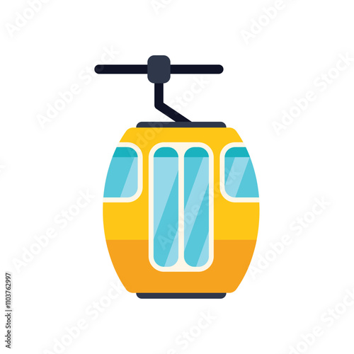 Yellow cable car cabin moving upwards on white background, public transportation in mountains, modern city infrastructure element