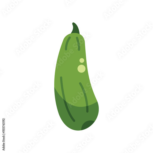 Green zucchini squash with a slightly curved shape is shown growing against a white background
