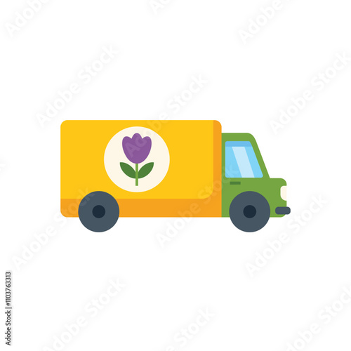 Delivery truck delivering flowers with tulip logo on side panel