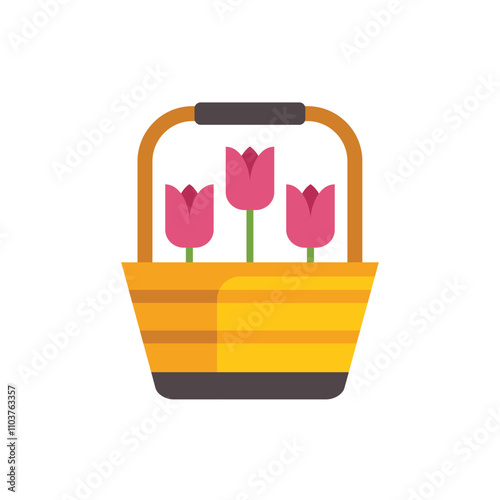 Wicker basket holding three blooming pink tulips, isolated on a white background