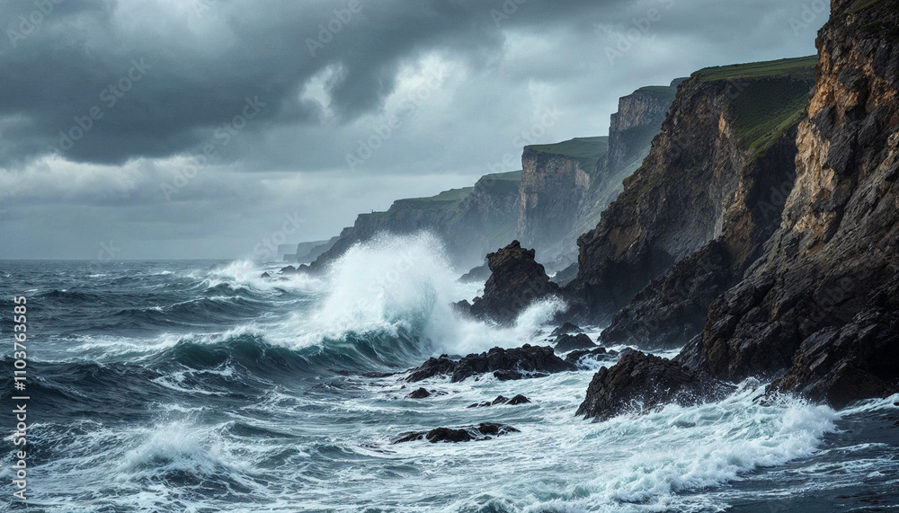 Obraz premium A stormy sea crashes against dramatic cliffs, showcasing nature's raw power and beauty.