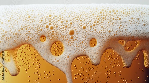 Close-up view of beer with frothy head and carbonation bubbles in a transparent glass, emphasizing texture and effervescence of the beverage.