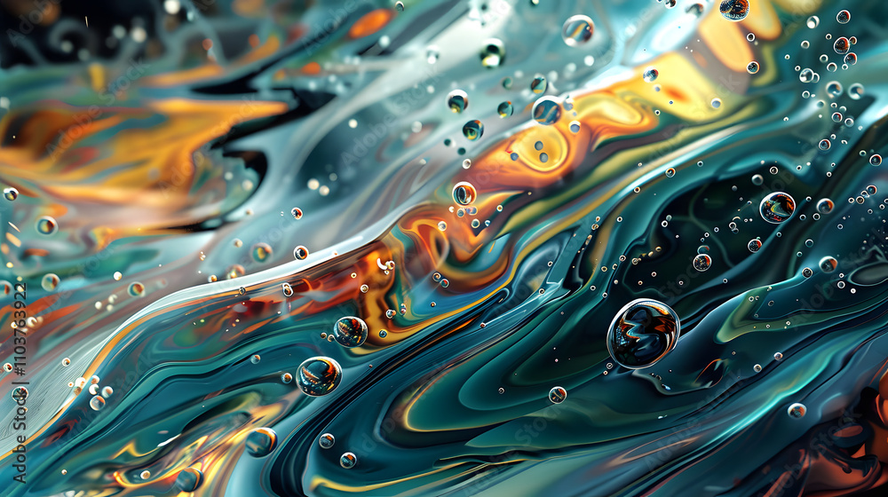 A vibrant abstract image with swirling colors of orange, blue, and red, accented with bubbles. Fluid art style, dynamic and lively