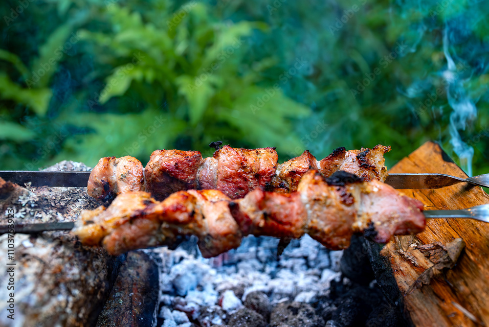 Shashlik on skewers in the forest.