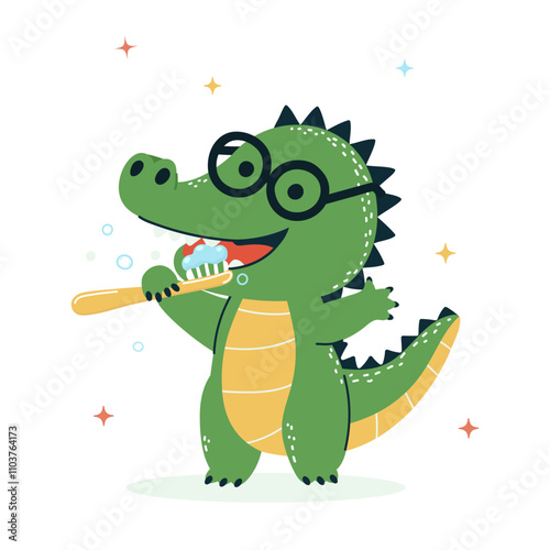 Cute crocodile character happily brushing teeth while wearing glasses and smiling