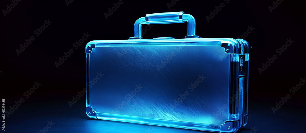 A glowing metallic briefcase stands on the dark background A glowing metallic briefcase stands on the dark background