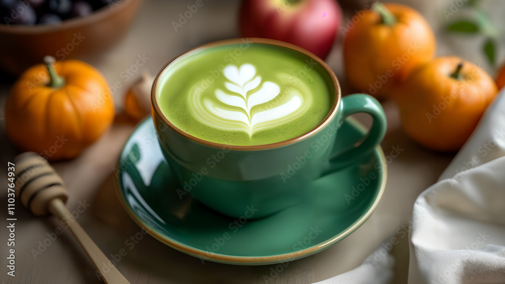 Colorful Matcha Latte with Honey and Fruits Colorful Matcha Latte with Honey and Fruits