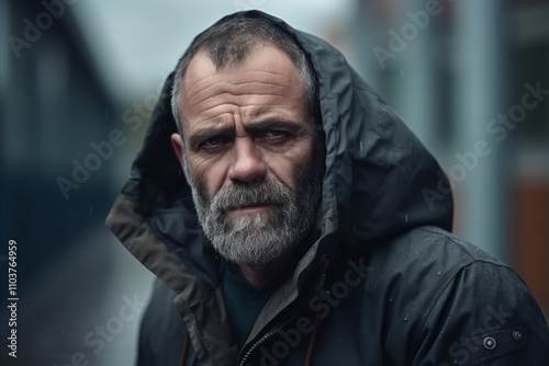 Portrait of an old man with a long gray beard and mustache in a black jacket on the street