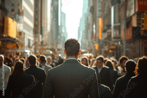 Anonymous Individual Walking Busy City Street in Sunlight