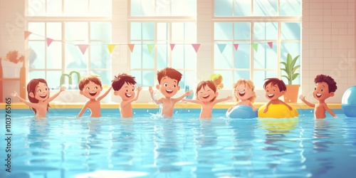 Illustration Group of happy children enjoying swimming in a pool together. photo