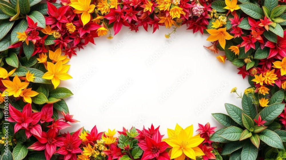 Vibrant yellow and red plant frame set against a bright background with space for text, natural, decorative, vibrant Vibrant yellow and red plant frame set against a bright background with space for text, natural, decorative, vibrant